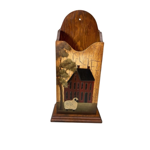 Wooden‎ Wall Box Stationary Letter Holder Sheep Primitive Country Painted Decor